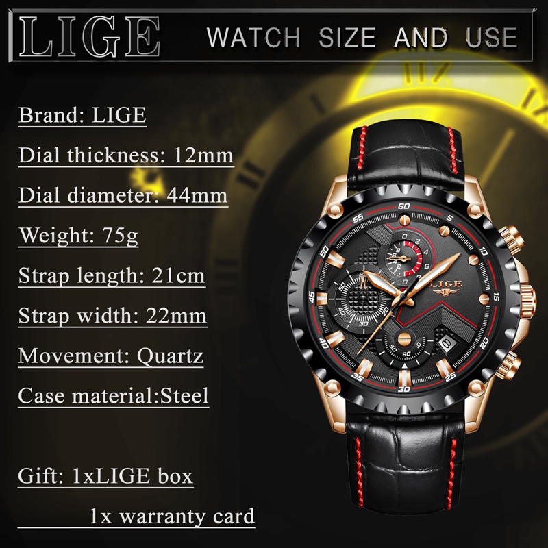 LIGE 9821 Men's Watch Military Sports Leather Analog Quartz Waterproof