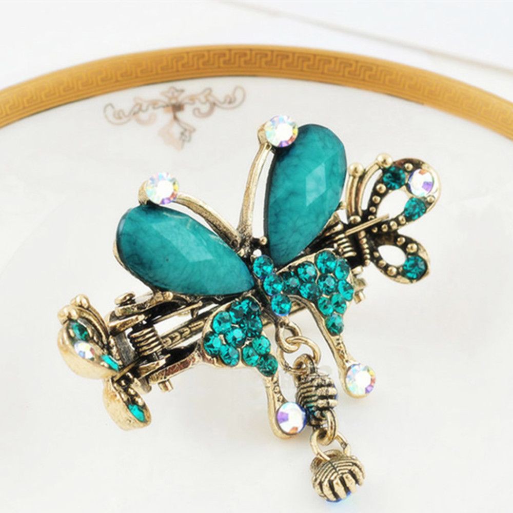 Kẹp tóc đính đá ngọc lam hình bướm vintage