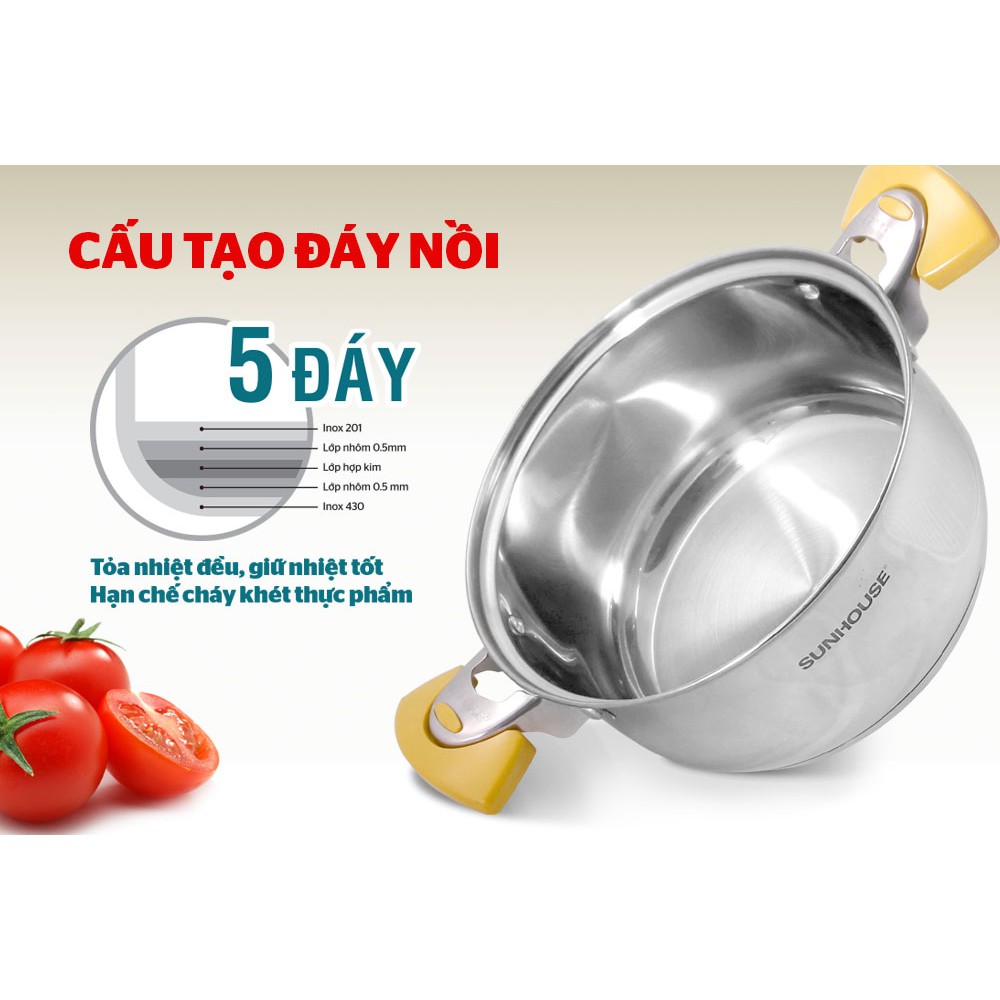 Bộ nồi inox 5 đáy SUNHOUSE SH787 + Tặng bộ thìa inox + Tặng thêm combo 5 móc cường lực