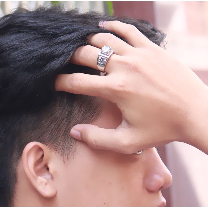 Nhẫn nam inox đính xoàn chạm chữ phước 2 bên đem lại may mắn cho người đeo, Tặng hộp