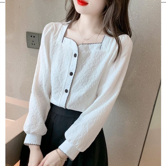 Áo Sơ Mi Chiffon Cổ Vuông Tay Dài Màu Trắng Phong Cách Thời Trang Hàn Quốc Dành Cho Nữ