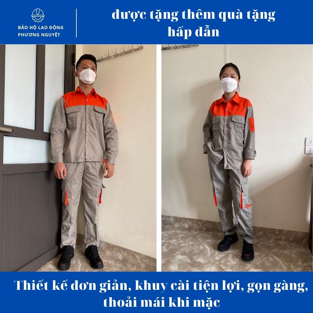 Quần áo bảo hộ lao động màu ghi phối cam, quần áo kỹ sư vải kaki 3/1 thoáng mát, không phai, không xù, không dão