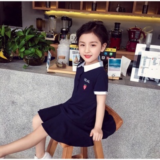 [ Size đại ]  Váy bé gái đuôi cá cổ đức thêu quả dâu dáng thể thao cotton xanh than và trắng