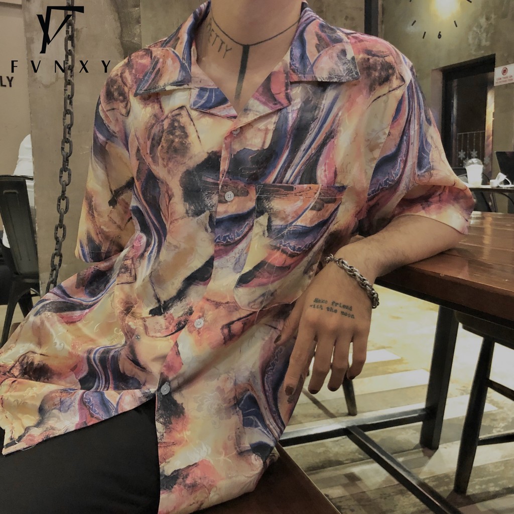 Áo Sơ Mi Ngắn Tay Unisex Form rộng FVNXY Hoạ tiết Lập Thể
