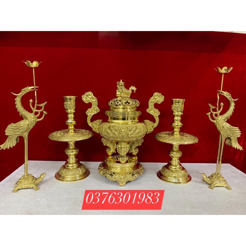 Bộ đỉnh lư thờ bằng đồng vàng bóng cao cấp 35cm .Tam sự - ngũ sự - đỉnh đồng - đỉnh thờ cao 35cm