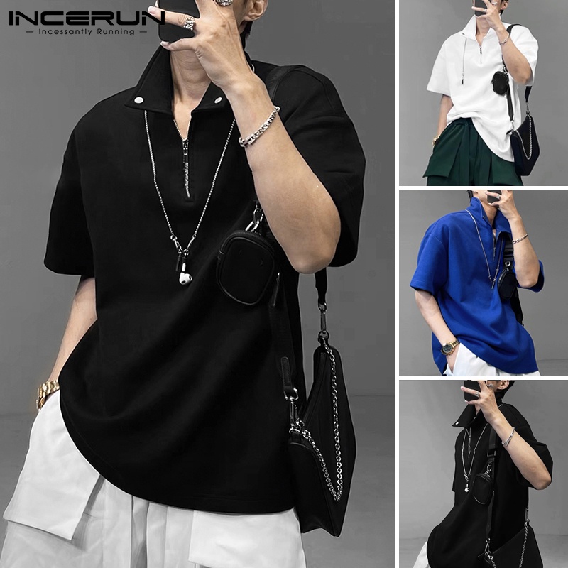 Áo thun polo INCERUN tay ngắn màu trơn dáng rộng phối khóa kéo thời trang cá tính cho nam
