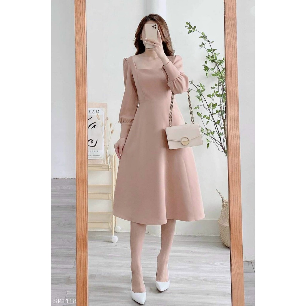 Đầm Cổ Vuông ⚡️FREESHIP⚡️ Dáng Xòe Tay Dài | BigBuy360 - bigbuy360.vn