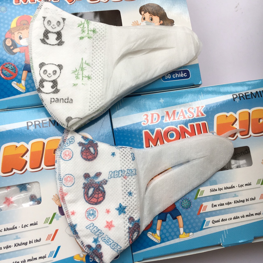 Khẩu trang trẻ em 3d Monji cho bé từ 1-5 tuổi, hộp 50 cái công nghệ Nhật Bản, an toàn cho bé