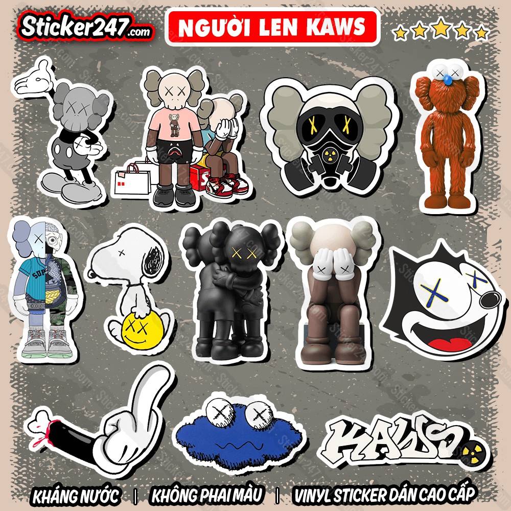 Sticker Người Len Kaws 🌈Freeship Decal Chống Thấm Nước, Sticker Dán Mũ Bảo Hiểm, Dán Vali, Laptop, Đàn Guitar