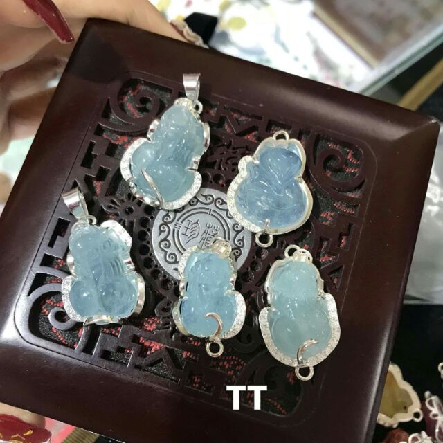 Mặt hồ ly/tỳ hưu aquamarine bọc bạc