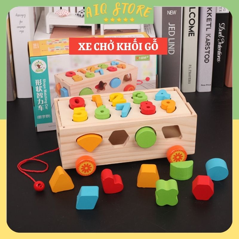 Xe kéo thả hình khối gỗ và ghép số nổi 3D AIQ giúp phát triển trí tuệ, khả năng nhận biết màu sắc, hình khối cho bé