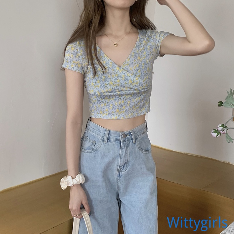 Áo Croptop Tay Ngắn Cổ Chữ V Eo Cao Phong Cách Hàn Quốc Dành Cho Nữ