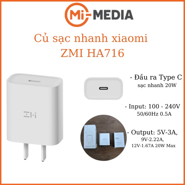 Củ sạc nhanh Xiaomi Zmi HA716 đầu ra Type-C 20W chính hãng