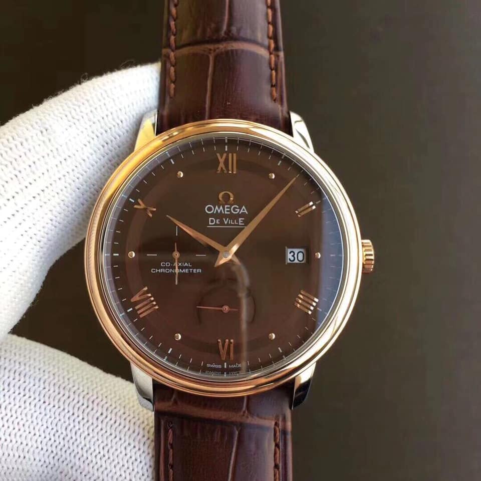 Đồng hồ Nam Omega máy cơ automatic máy Nhật kim báo cót vỏ vàng hồng mặt nâu cafe dây da 39mm