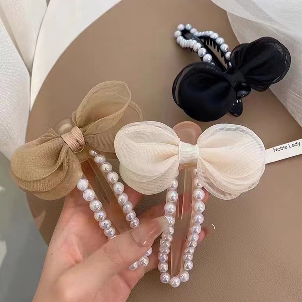 1 Kẹp Tóc Hình Nơ Lưới Đính Ngọc Trai Thanh Lịch Cho Nữ