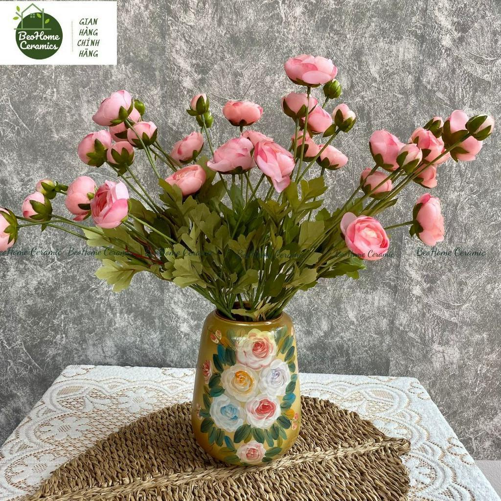 Lọ Hoa Bình hoa hồng Vẽ Tay gốm Bát Tràng xinh xắn decor lọ sứ cắm hoa trang trí để bàn H19cm