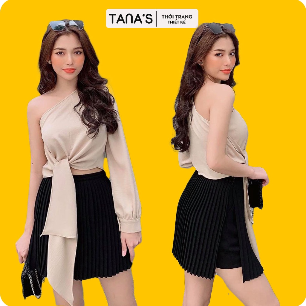 Áo croptop nữ kiểu dáng lệch vai vạt dài màu nude, chất liệu lụa nhung sang chảnh