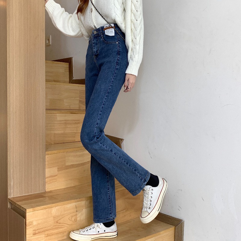 Quần Jeans Lưng Cao Ống Đứng Màu Xanh Dương Phong Cách Hàn Quốc Thời Trang Mùa Thu Cho Nữ 2021
