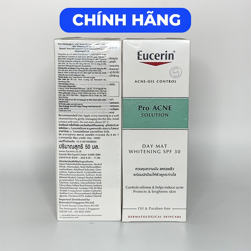 ⚜️ CHÍNH HÃNG ⚜️Kem Dưỡng Ban Ngày Eucerin Acne-Oil Control Proacne Day Mat Whitening SPF 30 50ml - Trắng Da Giảm Mụn Pr