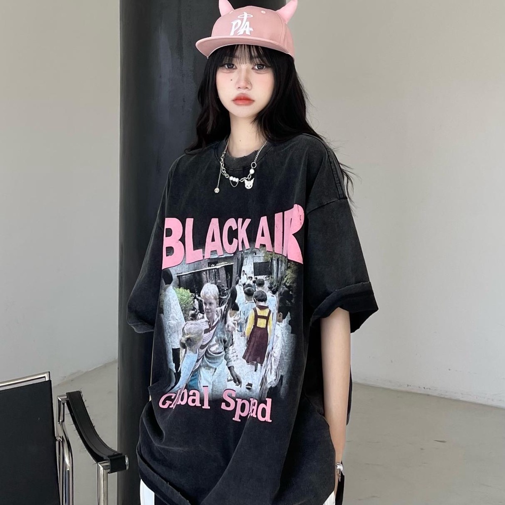 Áo thun dáng rộng tay ngắn năm phần tư màu đen in hình hồng phong cách retro Mỹ hiphop thời trang ngày thường