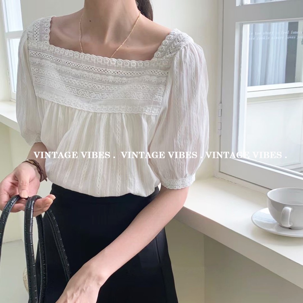 Áo babydoll cổ vuông thêu ren tay phồng (hàng QC) - Ảnh thật cận chất