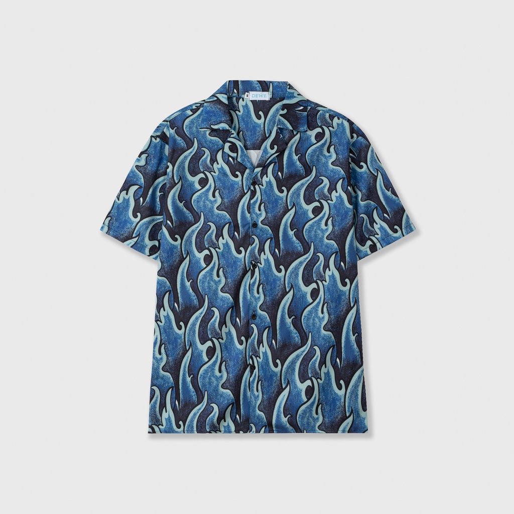 Áo sơ mi ngắn tay Dewens, vải lụa chéo nhập khẩu chống nhắn thoáng mát, hoạ tiết Lửa Xanh - DEWE Cuban Shirt