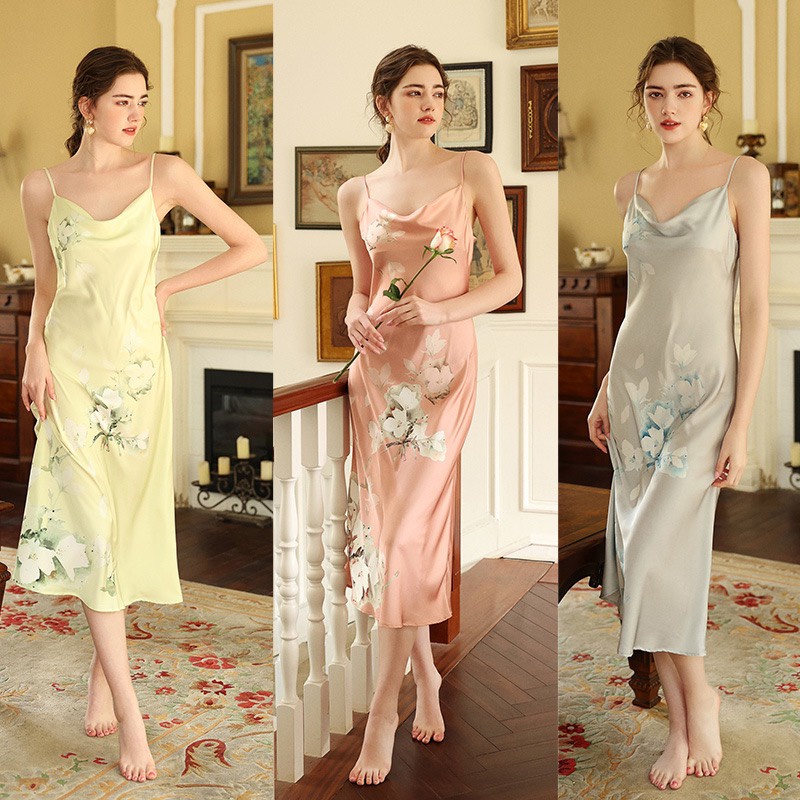 Đầm ngủ lụa thiết kế cao cấp 2 dây cổ đổ bunch flowers