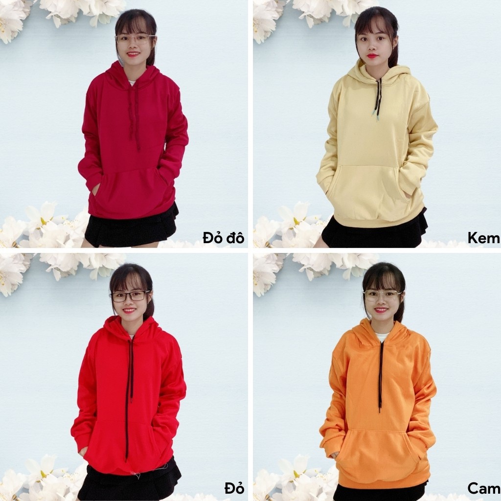 Áo khoác hoodie nỉ trơn unisex nam nữ có mũ 2 túi trước phom rộng nhiều màu