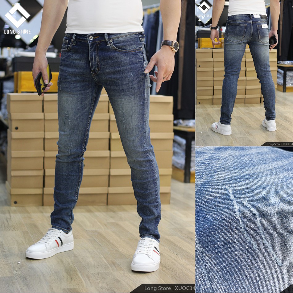 Quần jean nam xước màu xanh biển bụi ✅FREESHIP✅ Quần bò nam dáng ôm SLIMFIT skinny co giãn cao cấp - Xuoc34