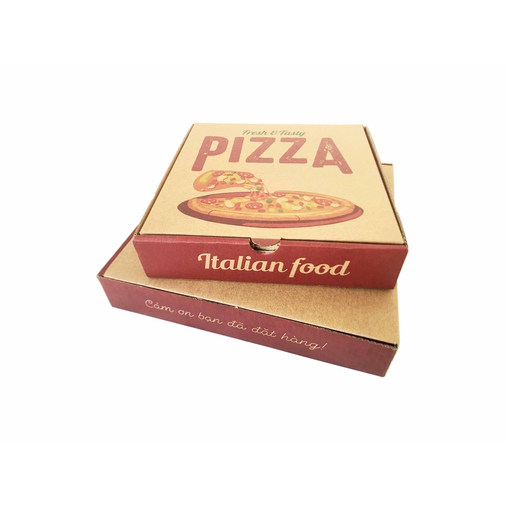 100 hộp pizza size 22x22x4cm. Hộp đựng bánh pizza in 4 màu sắc nét, Hộp 3 lớp sóng E bồi giấy kraf 170