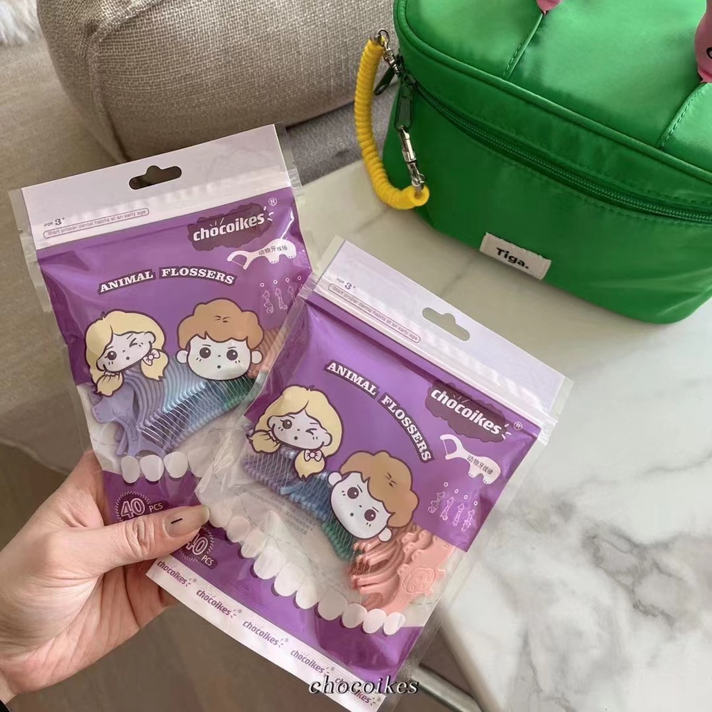 Sét 40 tăm chỉ nha khoa hình thú chăm sóc răng miệng cho trẻ em, học sinh, người lớn