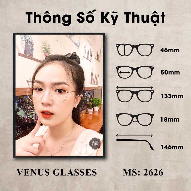Gọng kính cận kim loại siêu nhẹ VENUS dáng mắt tròn 2626 - Lắp mắt cận theo yêu cầu