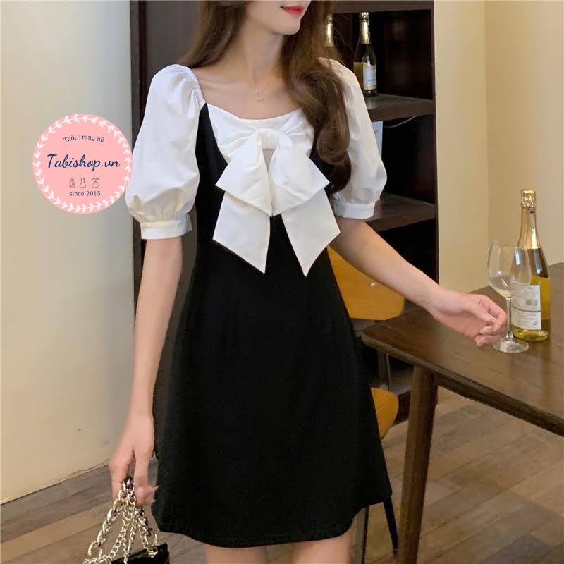 Váy đầm nữ màu đen phối nơ trắng cho bánh bèo, Đầm tiểu thư phong cách ulzzang Hàn Quốc đi tiệc đi học đi chơi siêu xinh | BigBuy360 - bigbuy360.vn