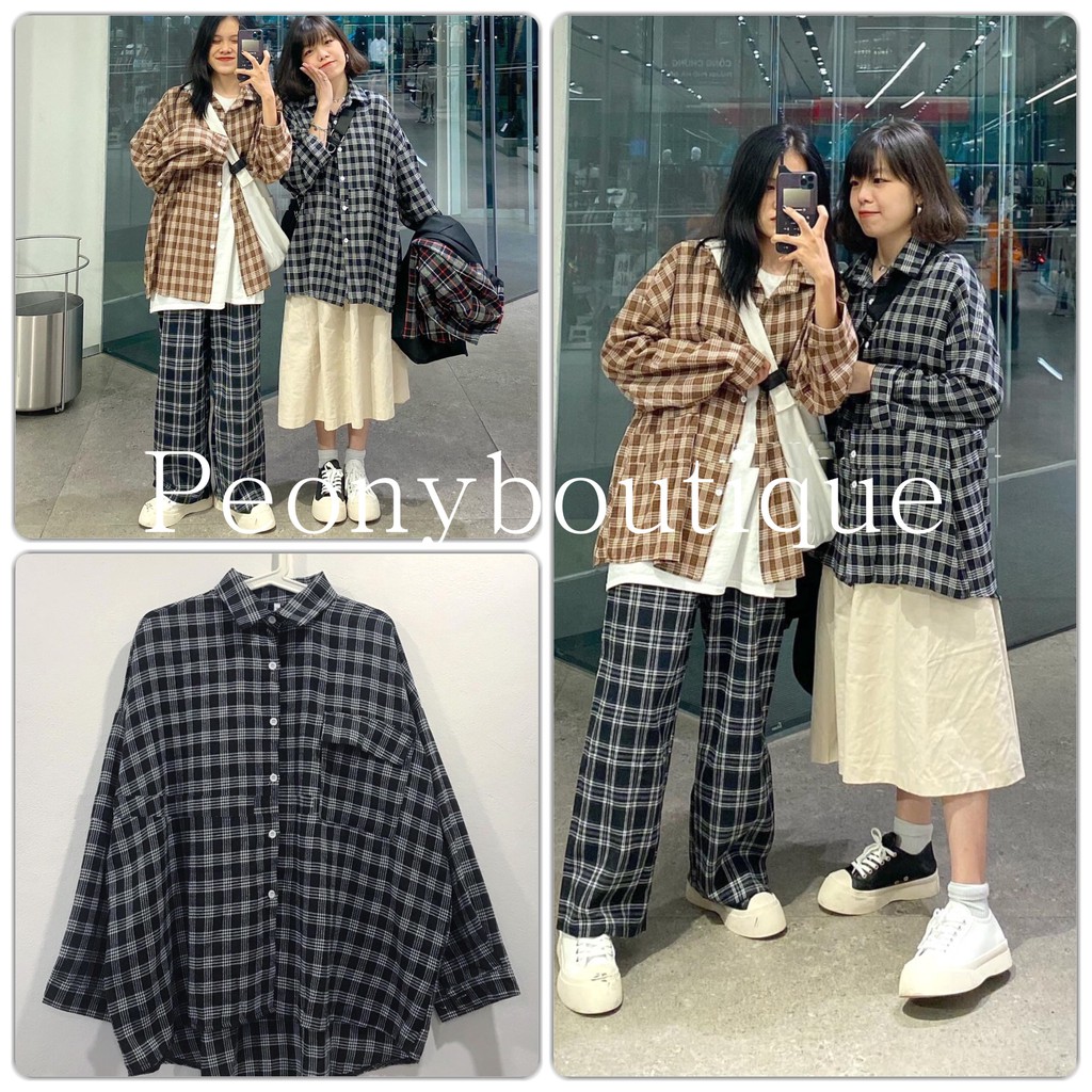 Áo Sơ Mi Kẻ Tay Bồng 2 Màu PEONYB Nữ [FREESHIP] 🌸 Thun kiểu dài tay form rộng oversize sọc ĐEN | NÂU Ulzzang HOT 🌸 | BigBuy360 - bigbuy360.vn