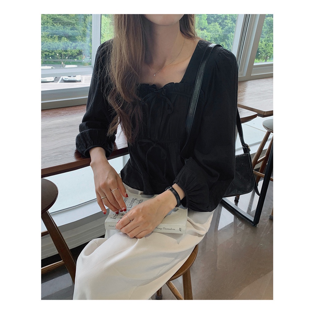 Áo kiểu SUXI vải cotton tay dài kiểu cổ vuông phối ren thời trang phong cách Hàn Quốc cho nữ