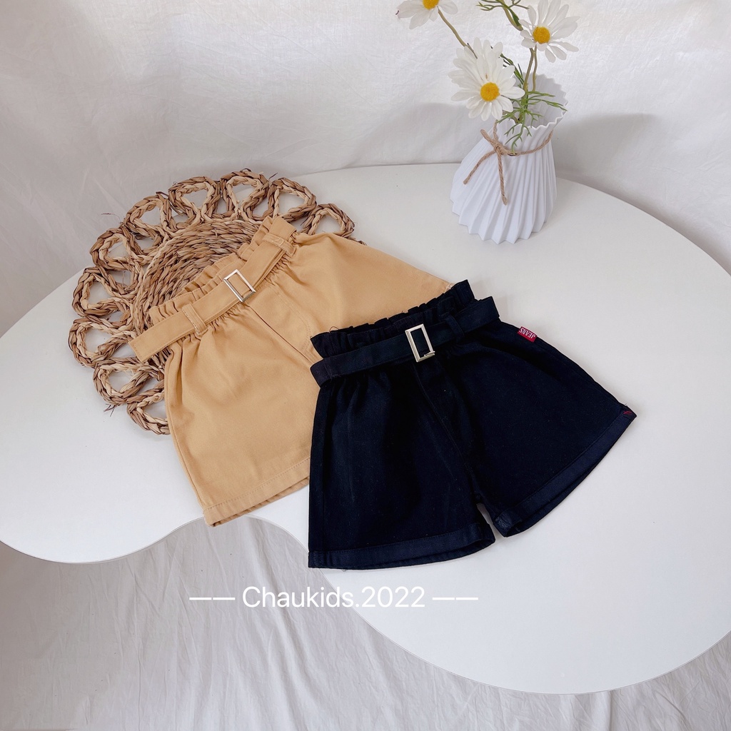 Quần đùi bé gái, quần đùi kaki cạp cao kèm đai cho bé size 13- 26kg