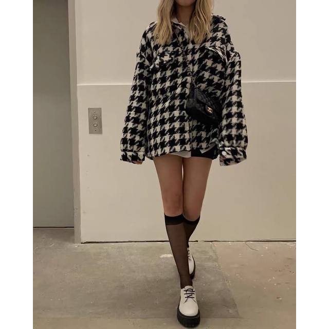 Áo khoác dạ sơmi hoạ tiết houndstooth răng cưa - Áo khoác dạ oversize chần bông (Ảnh thật ở cuối) | BigBuy360 - bigbuy360.vn