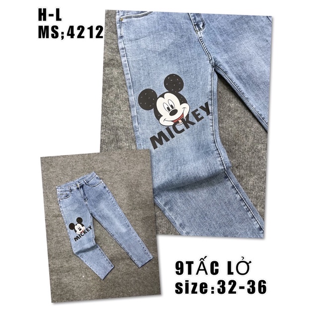 { SIZE 65-95kg } QUẦN JEAN XANH IN MICKEY LƯNG CAO, RÁCH CÁ TÍNH