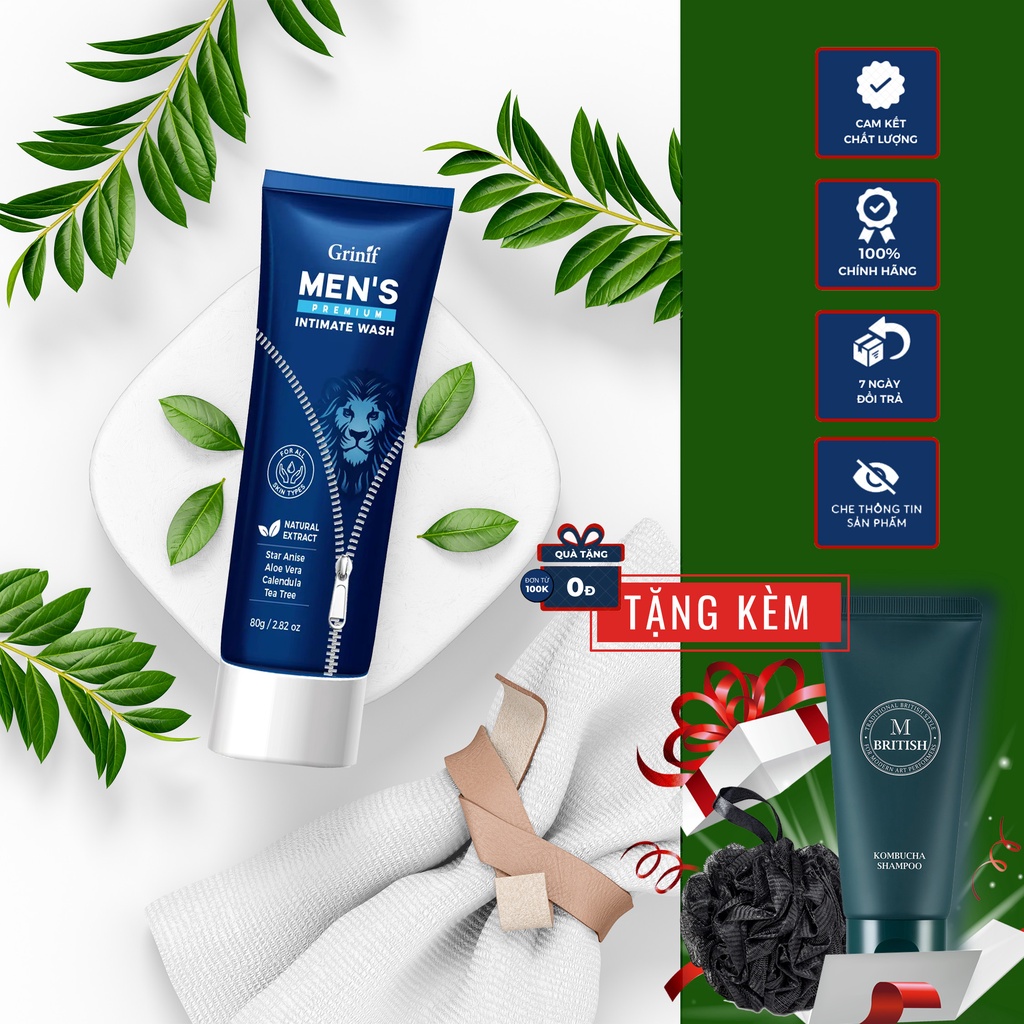 Dung dịch vệ sinh nam Grinif Men's Premium Intimate Wash 80ml cao cấp Hàn Quốc + Tặng bông tắm Than Tre