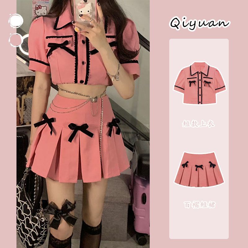 Set Áo Sơ Mi Phối Chân Váy Xếp Ly Lưng Cao Màu Tương Phản Phong Cách Chanel Ngọt Ngào Cho Nữ
