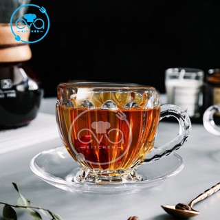 Bộ 6 tách thuỷ tinh hoạ tiết sọc khía stripe glass cup kèm 6 dĩa thuỷ tinh sang trọng zb246 m3175