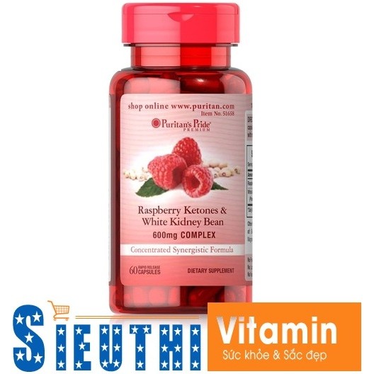 [CHÍNH HÃNG] Viên uống giảm cân an toàn không tác dụng phụ Raspberry Ketones White Kidney Bean (60 viên) Puritan's Pride