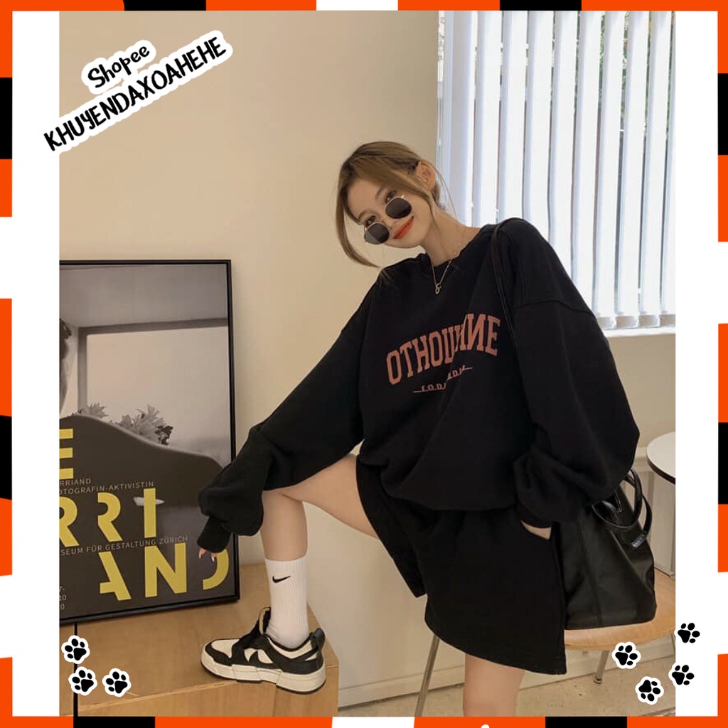 SQ013 Bộ quần áo nỉ thể thao dáng rộng đùi sooc OTHOWEHNE tay bo oversize, Set áo hoodie sweater  dài tay và quần short