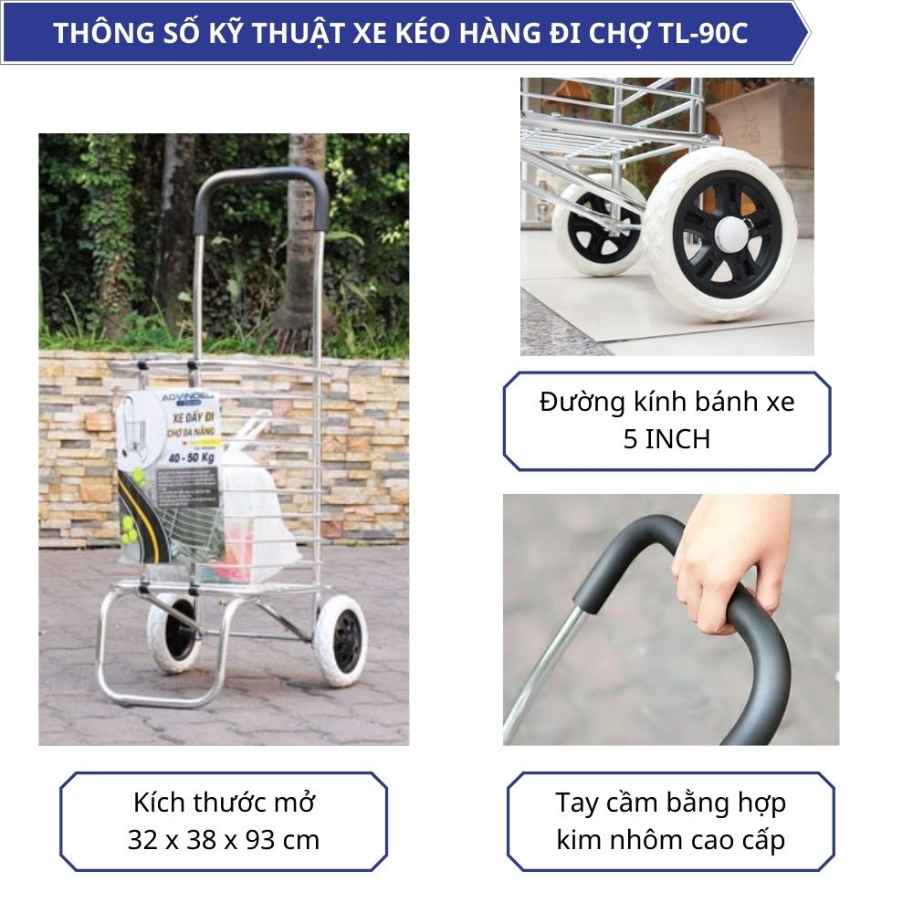 Xe kéo hàng 2 bánh đi chợ gấp gọn đa năng siêu nhẹ có giỏ hàng Advindeq TL-90C bảo hành chính hãng giao hỏa tốc HN