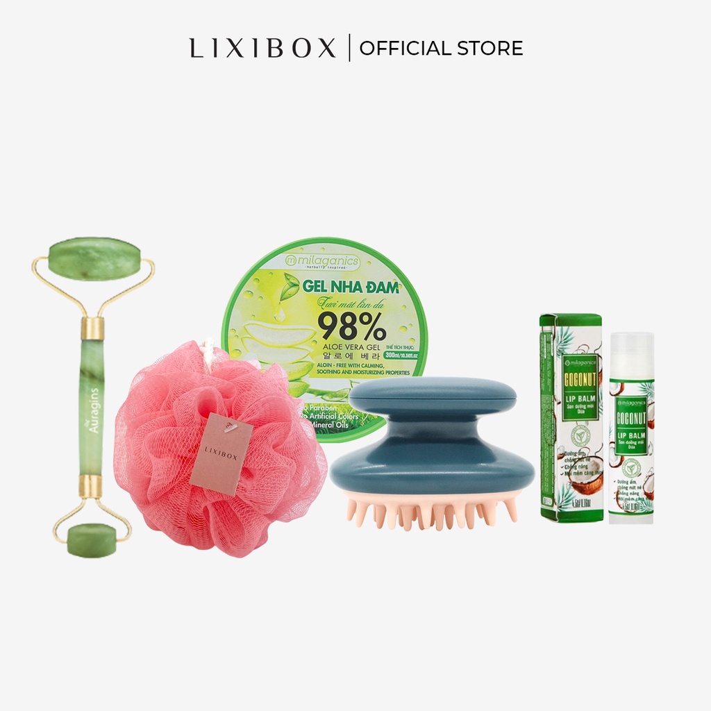 [HB Gift] Combo Thanh lăn Auragins, Gel Dưỡng Ẩm Nha Đam, Bông Tắm Lixibox, Lược gội đầu silicone giảm gàu , Son Dừa Dưỡ