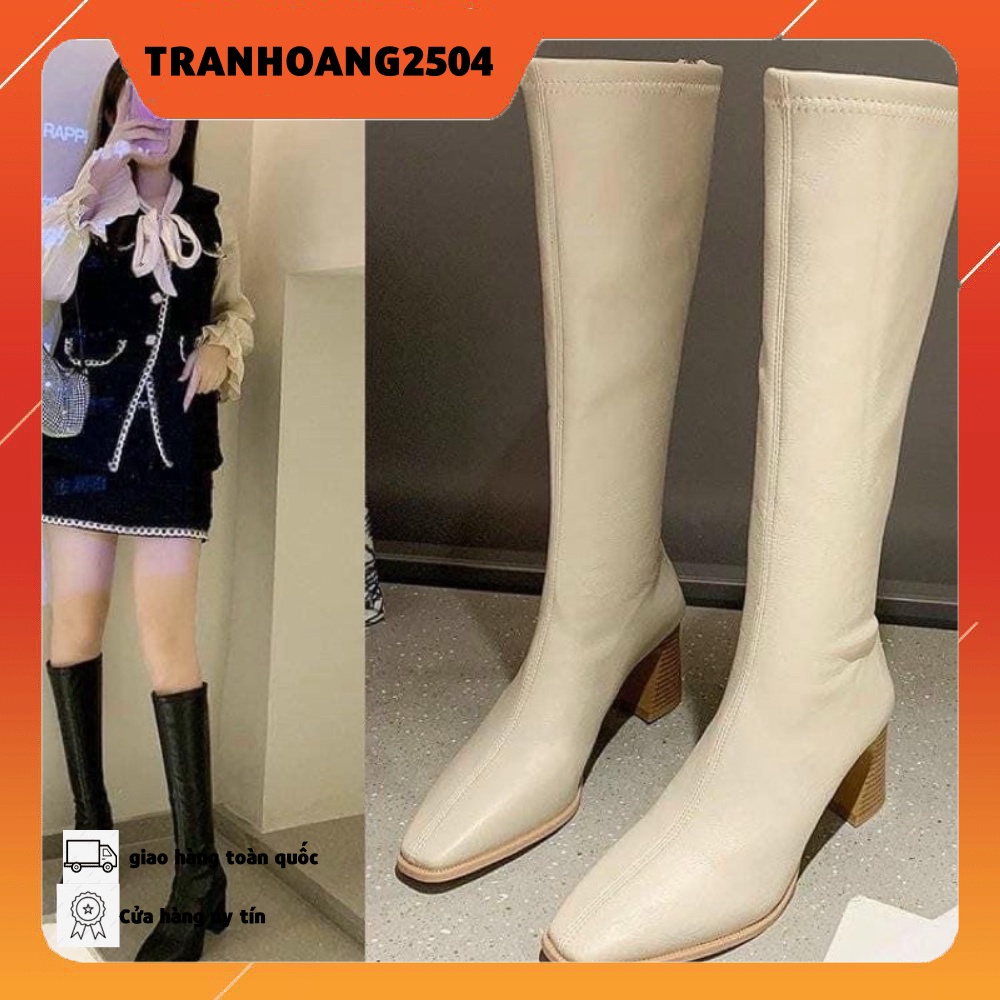 bốt nữ magan boots 7 phân cao gót đế gỗ đùi dạ mềm kéo khoá sau cá tính