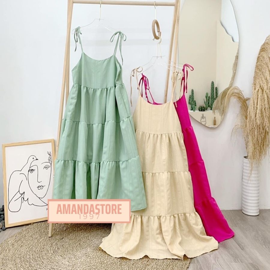 Váy 2 dây đi biển maxi, váy 2 lớp dây buộc nơ điều chỉnh siêu xinh, hai dây chất đũi xốp siêu mát