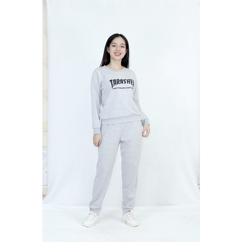 [HÌNH THẬT] Bộ đồ thể thao quần dài tay dài màu xám trắng - Vải Cotton 65/35 Cao Cấp