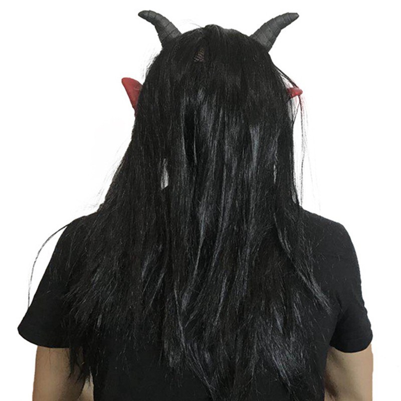 Mặt nạ đỏ 2 sừng kèm bộ tóc đen dài