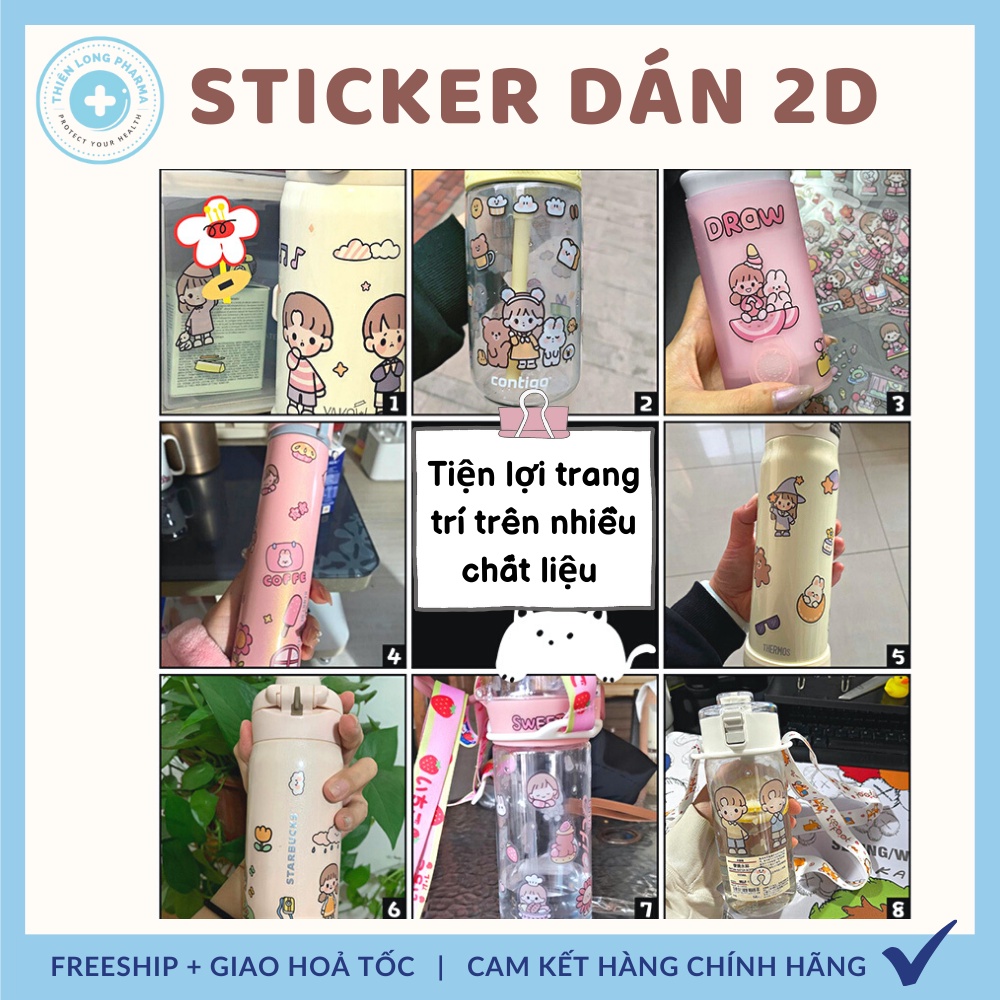 Sticker dán 2D dễ thương trang trí bình nước, điện thoại nhựa PET chống nước